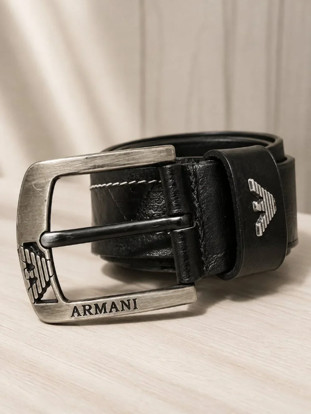 Armani Jeans Black Leather Belt with Branded Metal Buckle
